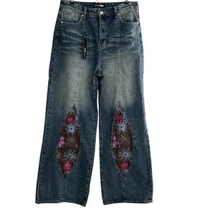 NWT Y2K Patchwork Floral Jeans Size 11Junior Dark Distress Denim High Waist